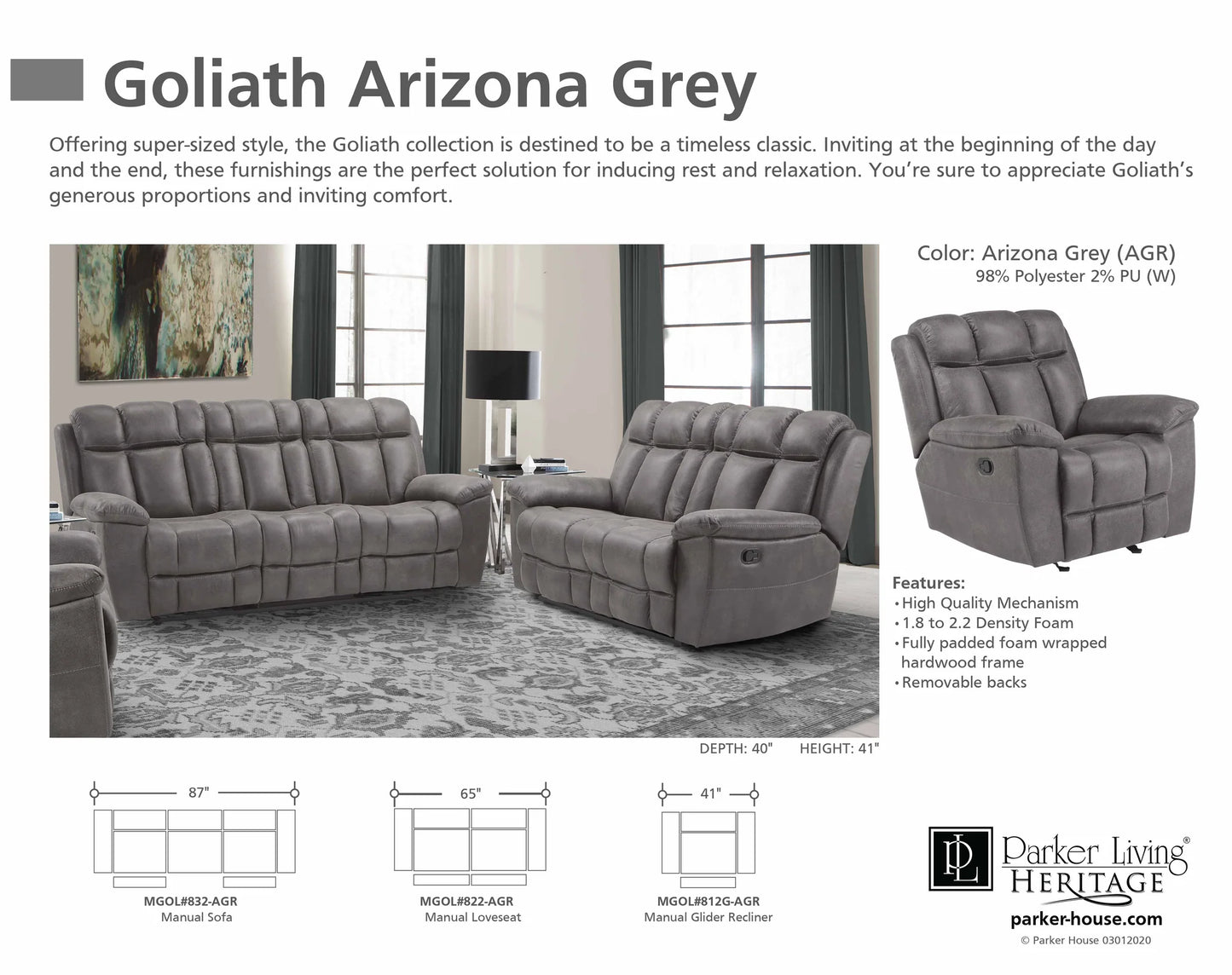 Parker House Goliath - Arizona Grey Manual Recliner