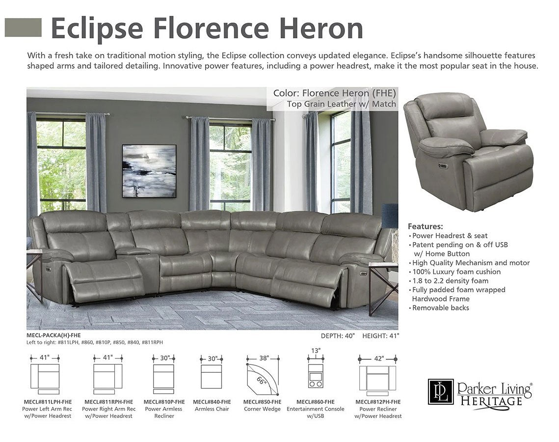 Parker House Eclipse - Florence Heron 6 Modular Piece Power Reclining Sectional with Power Adjustable Headrest