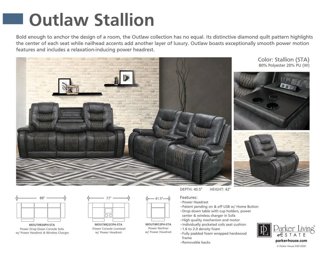 Parker House Outlaw - Stallion Power Drop Down Console Sofa