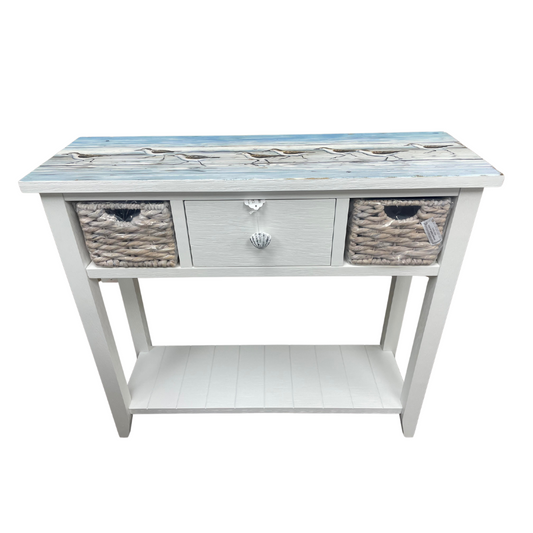 Coastal Print Console with 2 Baskets and Drawer