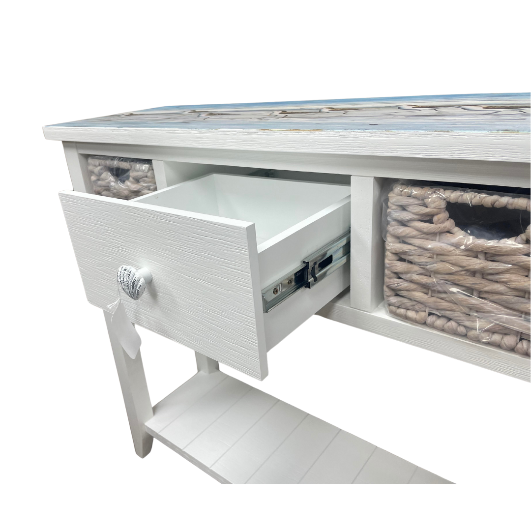 Coastal Print Console with 2 Baskets and Drawer