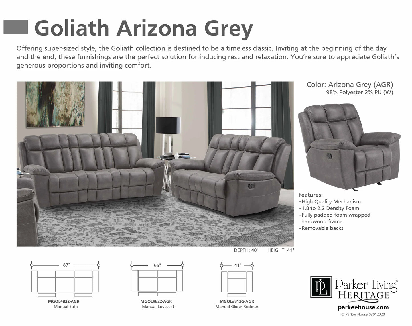 PARKER HOUSE GOLIATH - ARIZONA GREY MANUAL RECLINER