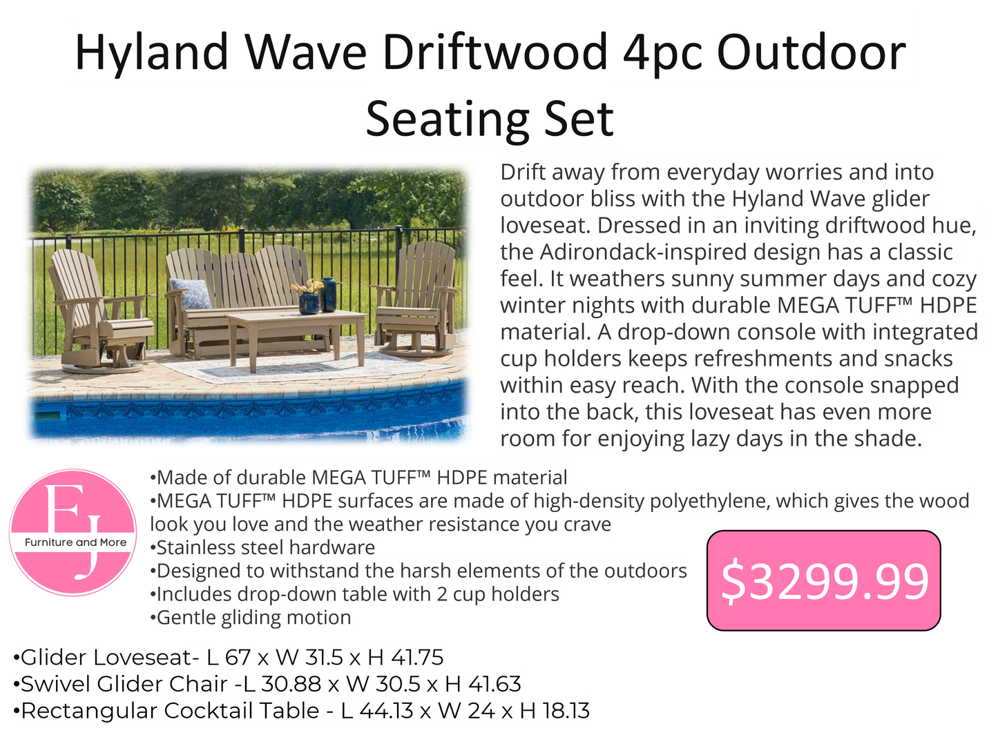 Hyland Wave Driftwood 4pc Outdoor Seating Set